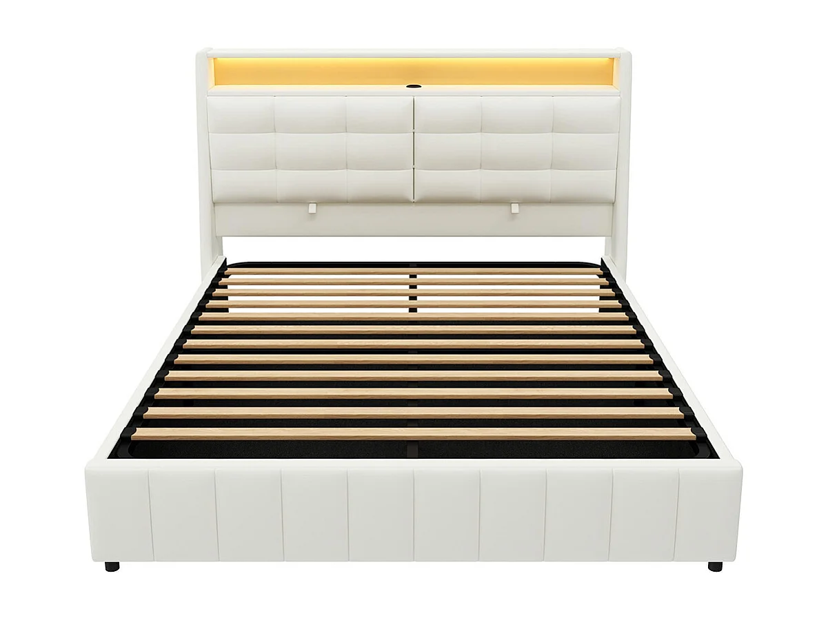Hydraulisches Bett 160 x 200 cm, mit LED-Beleuchtung und USB-Anschlüssen, Stauraum unter dem Bett, verstellbare Kopfstütze, weiß