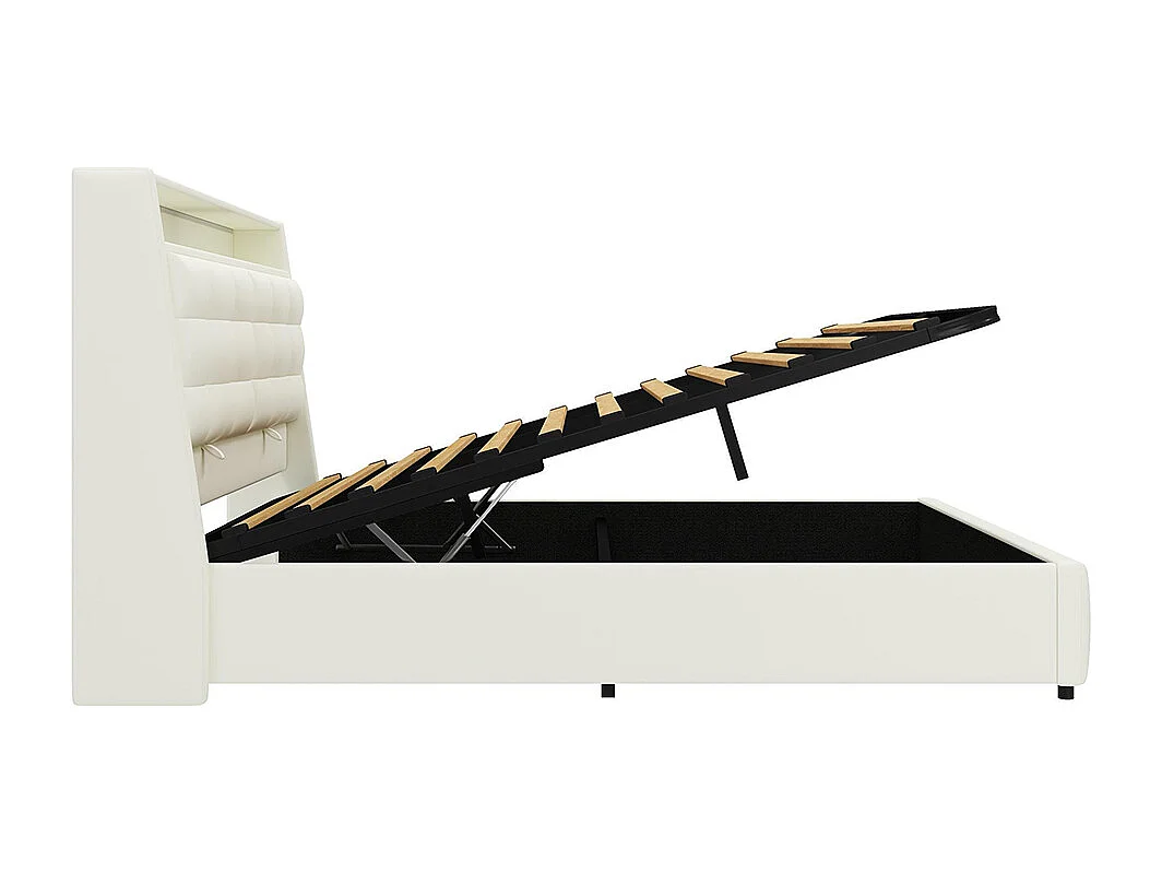 Hydraulisches Bett 160 x 200 cm, mit LED-Beleuchtung und USB-Anschlüssen, Stauraum unter dem Bett, verstellbare Kopfstütze, weiß