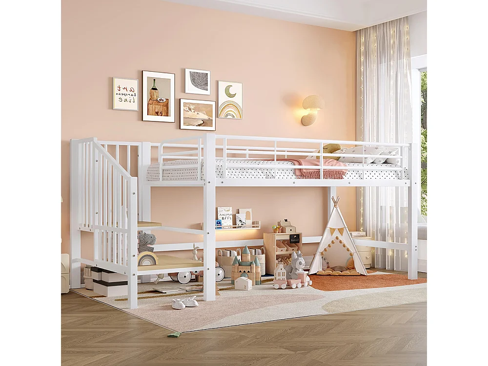 Letto a soppalco 90 x 200 cm, con scala e spazio contenitore, in metallo, bianco