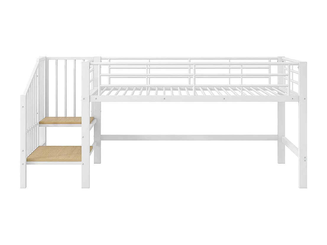 Letto a soppalco 90 x 200 cm, con scala e spazio contenitore, in metallo, bianco