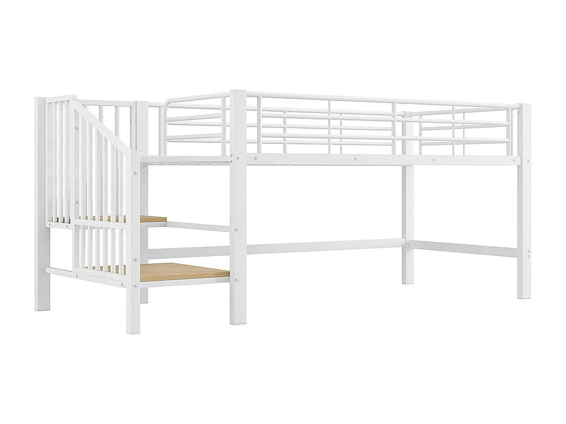 Letto a soppalco 90 x 200 cm, con scala e spazio contenitore, in metallo, bianco
