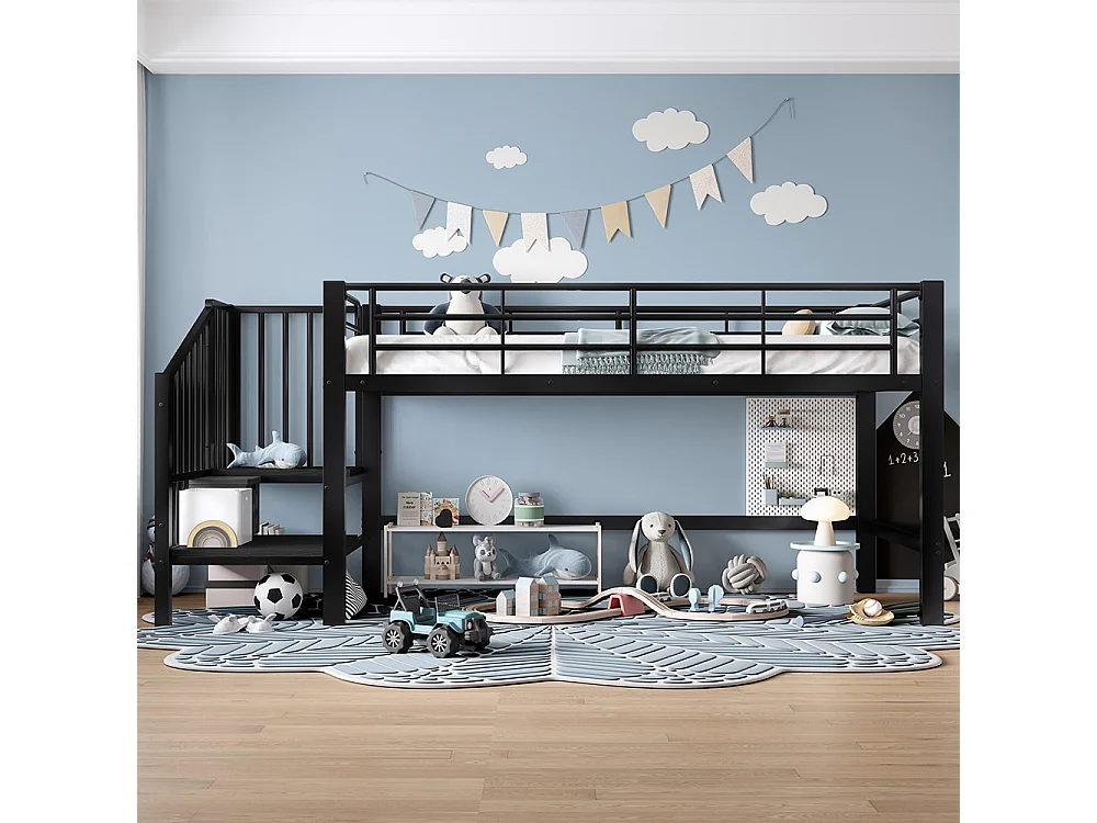 Cama alta 90 x 200 cm, com escada e espaço de arrumação, metal, preto