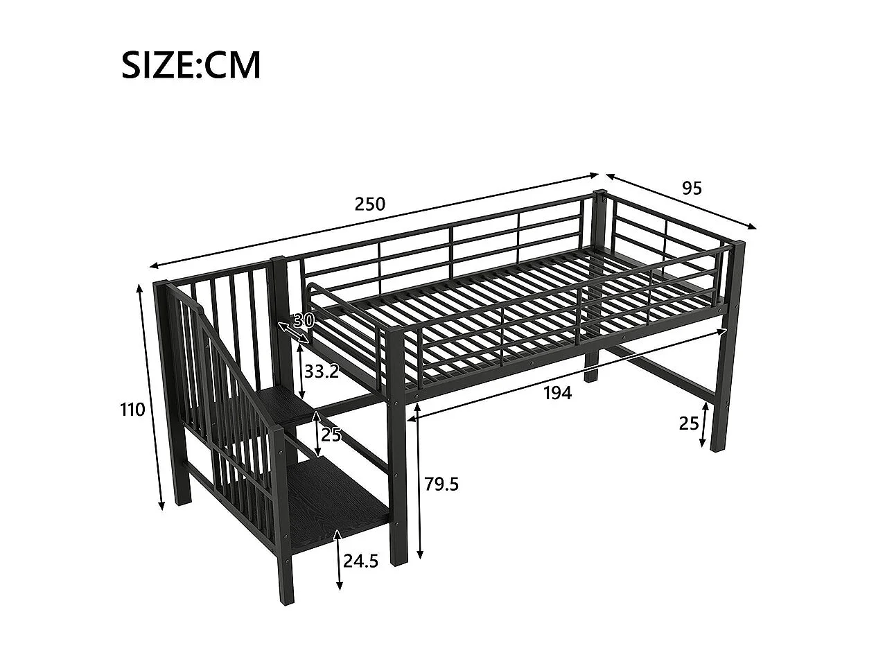 Cama alta 90 x 200 cm, com escada e espaço de arrumação, metal, preto