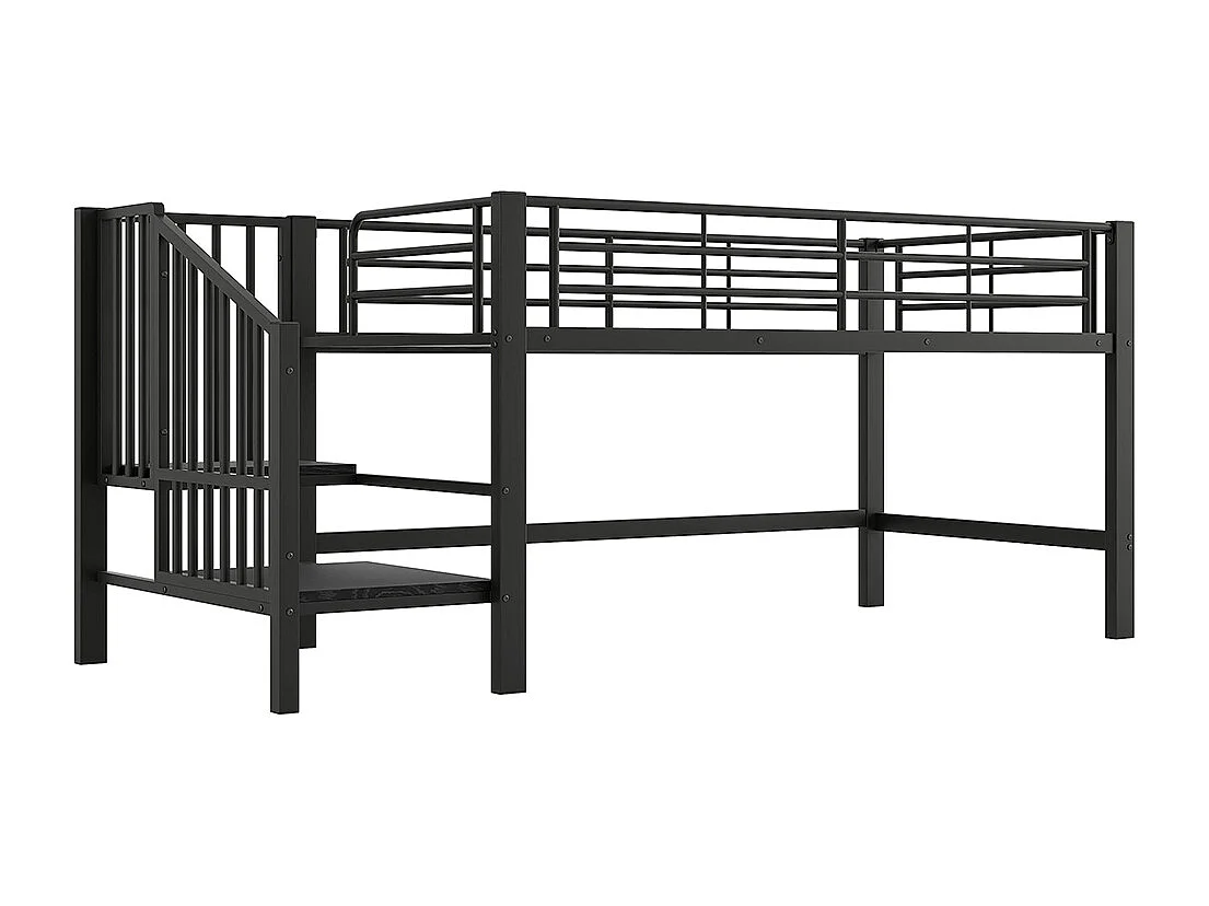 Cama alta 90 x 200 cm, com escada e espaço de arrumação, metal, preto