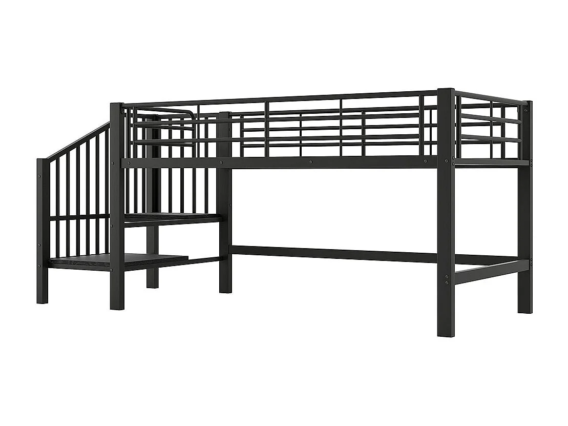 Cama alta 90 x 200 cm, com escada e espaço de arrumação, metal, preto