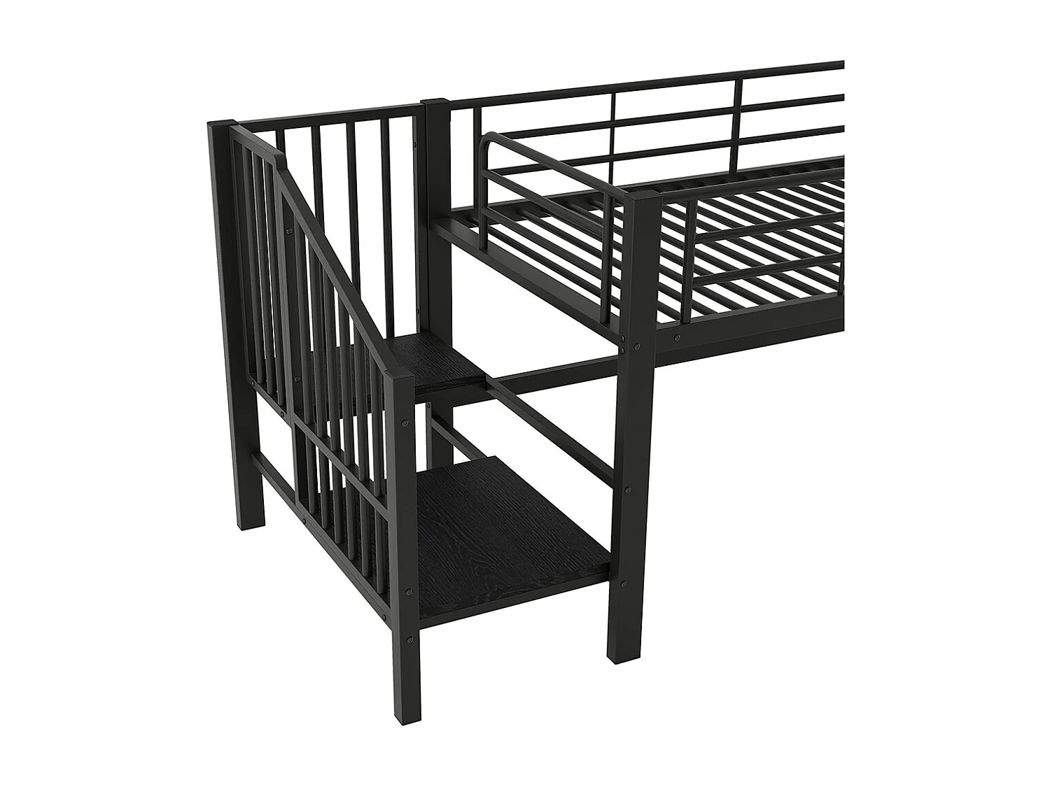 Cama alta 90 x 200 cm, com escada e espaço de arrumação, metal, preto