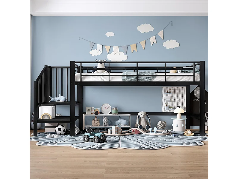 Cama alta 90 x 200 cm, com escada e espaço de arrumação, metal, preto