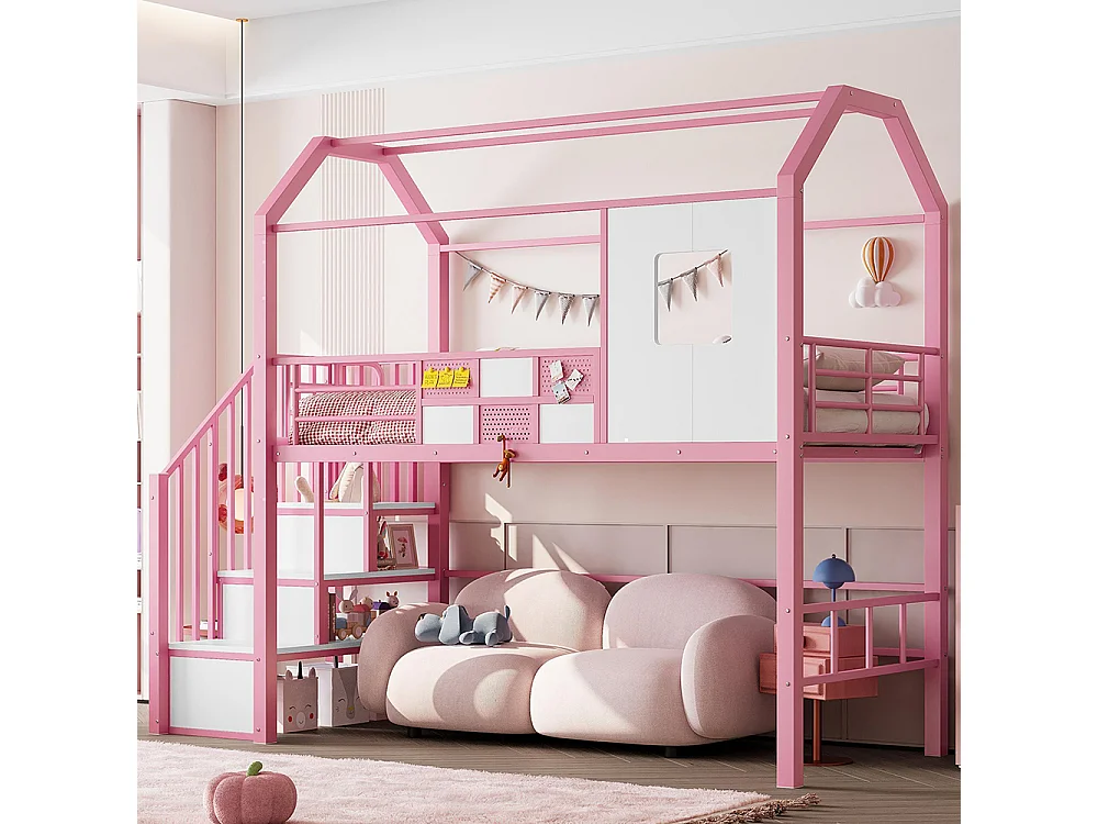 Letto a soppalco 90x200, con struttura a baldacchino e scala integrata con contenitore, metallo, rosa