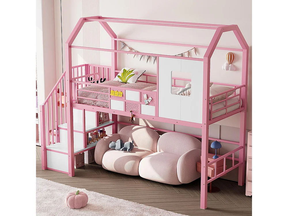 Letto a soppalco 90x200, con struttura a baldacchino e scala integrata con contenitore, metallo, rosa