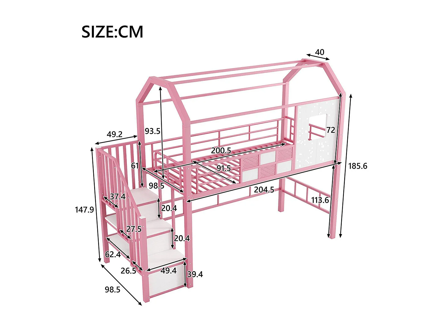 Letto a soppalco 90x200, con struttura a baldacchino e scala integrata con contenitore, metallo, rosa