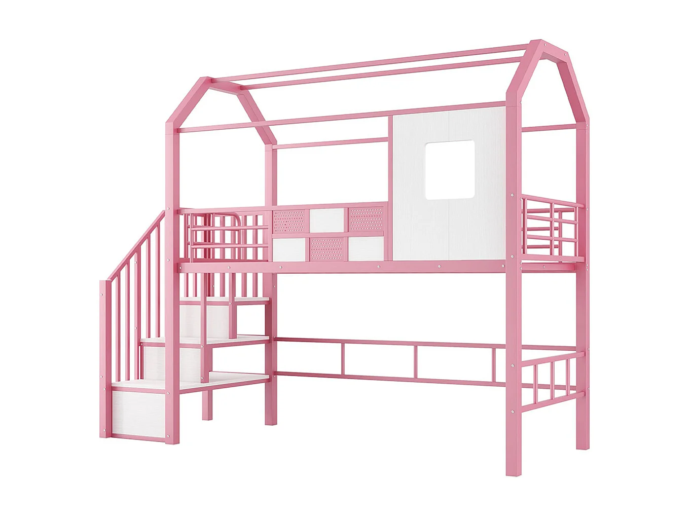 Letto a soppalco 90x200, con struttura a baldacchino e scala integrata con contenitore, metallo, rosa