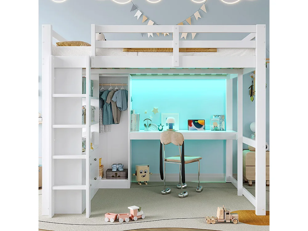 Lit mezzanine 140 x 200 cm, avec deux tiroirs et une étagère, bureau sous le lit, lampe LED et port USB, blanc