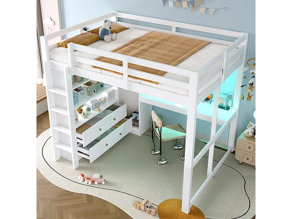 Lit mezzanine 140 x 200 cm, avec deux tiroirs et une étagère, bureau sous le lit, lampe LED et port USB, blanc