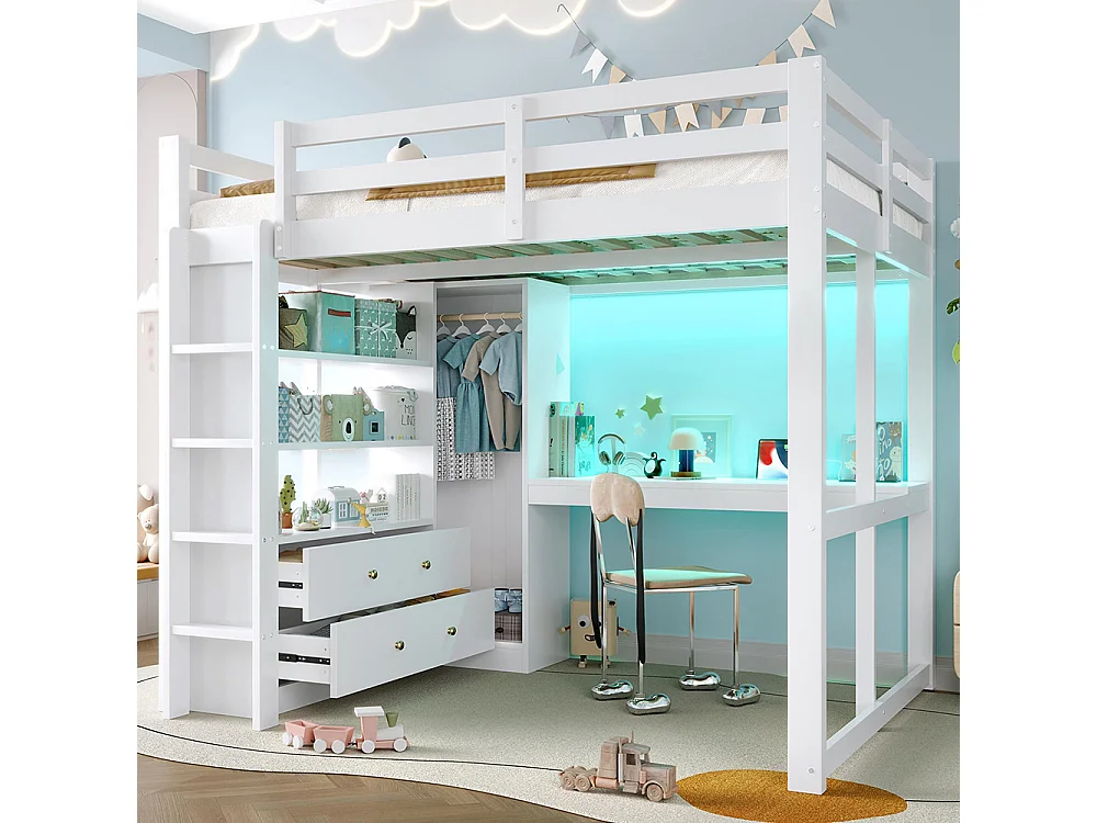 Lit mezzanine 140 x 200 cm, avec deux tiroirs et une étagère, bureau sous le lit, lampe LED et port USB, blanc