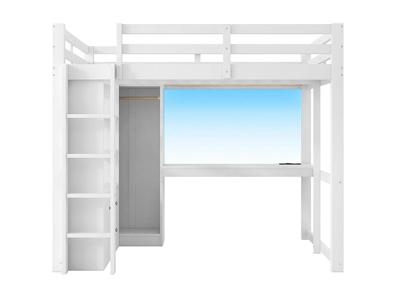 Lit mezzanine 140 x 200 cm, avec deux tiroirs et une étagère, bureau sous le lit, lampe LED et port USB, blanc