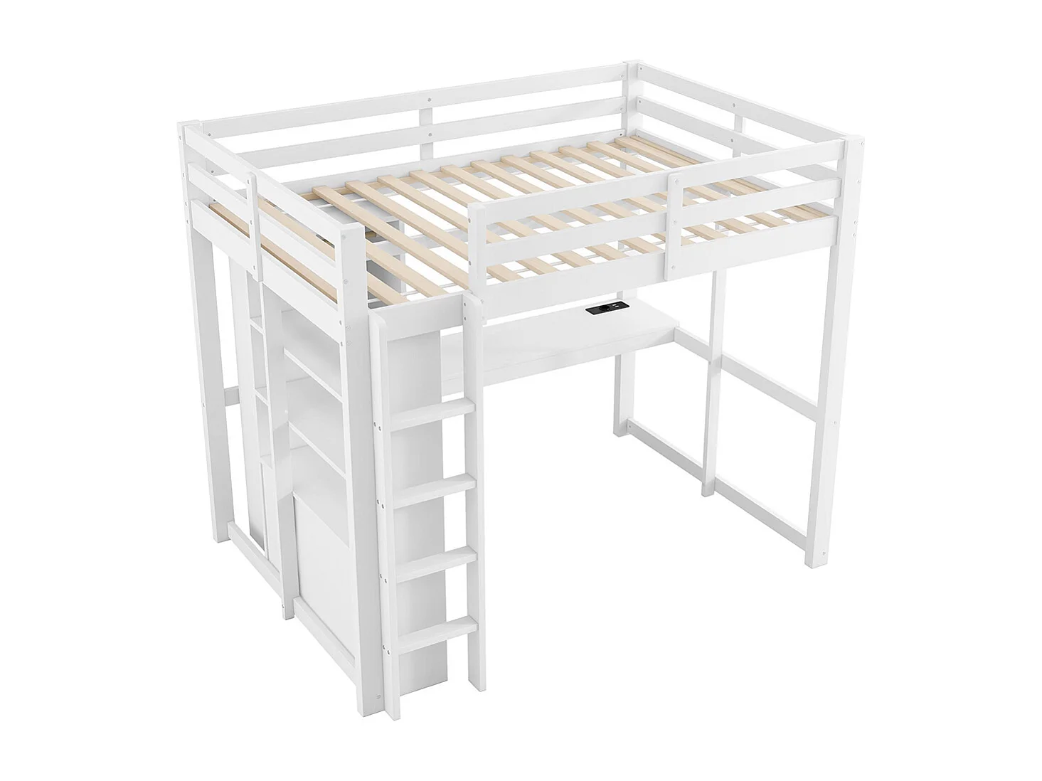Lit mezzanine 140 x 200 cm, avec deux tiroirs et une étagère, bureau sous le lit, lampe LED et port USB, blanc