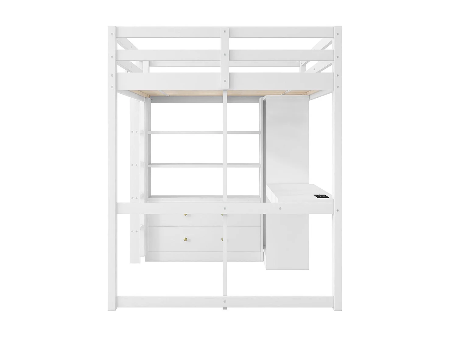 Lit mezzanine 140 x 200 cm, avec deux tiroirs et une étagère, bureau sous le lit, lampe LED et port USB, blanc