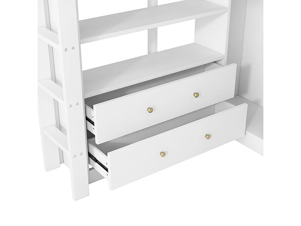 Lit mezzanine 140 x 200 cm, avec deux tiroirs et une étagère, bureau sous le lit, lampe LED et port USB, blanc
