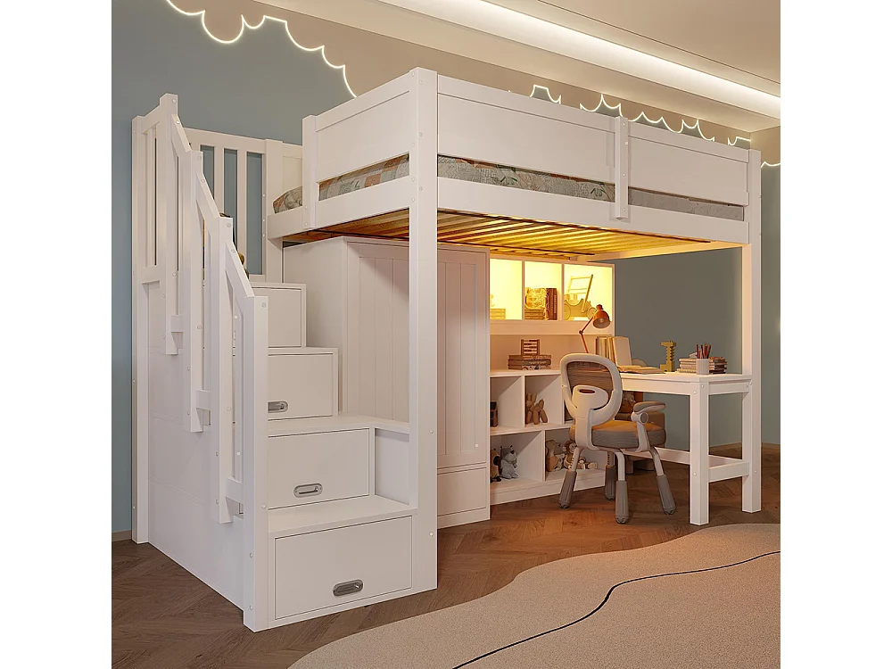 Lit mezzanine 90 x 200 cm, avec bureau et étagères, armoire, espace de rangement, escalier et éclairage LED, blanc
