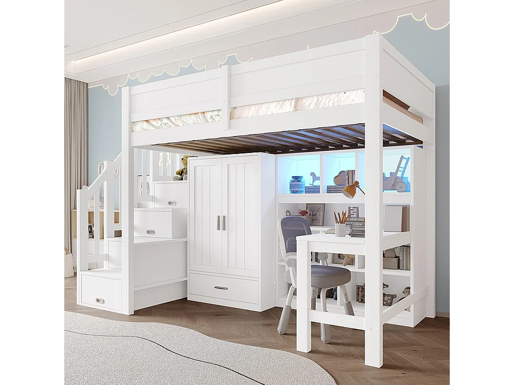 Lit mezzanine 90 x 200 cm, avec bureau et étagères, armoire, espace de rangement, escalier et éclairage LED, blanc