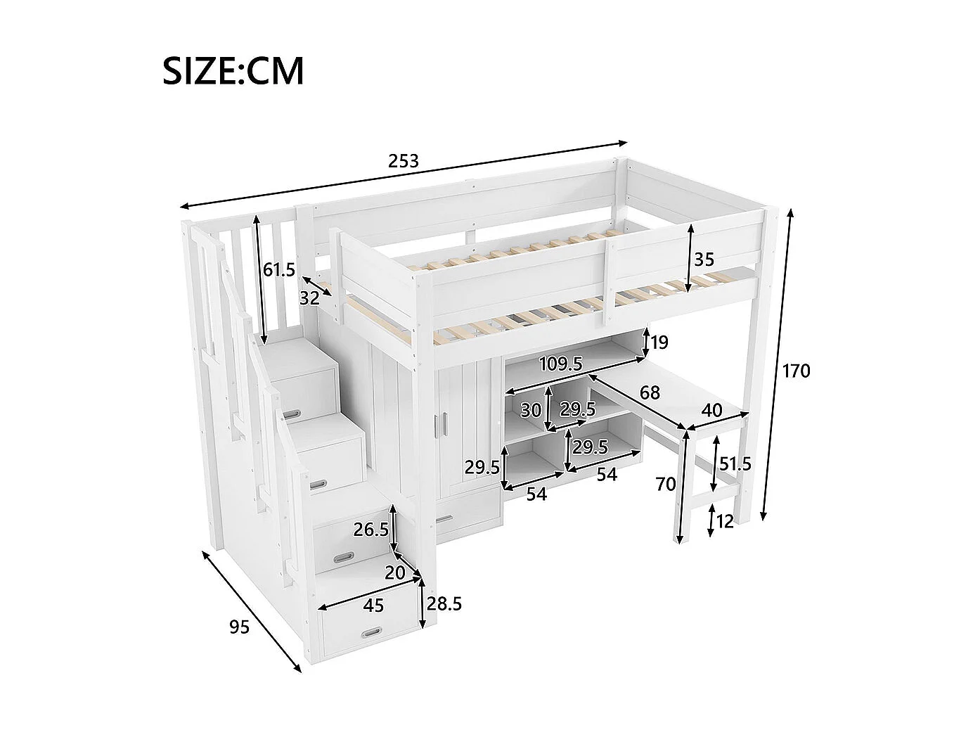 Lit mezzanine 90 x 200 cm, avec bureau et étagères, armoire, espace de rangement, escalier et éclairage LED, blanc