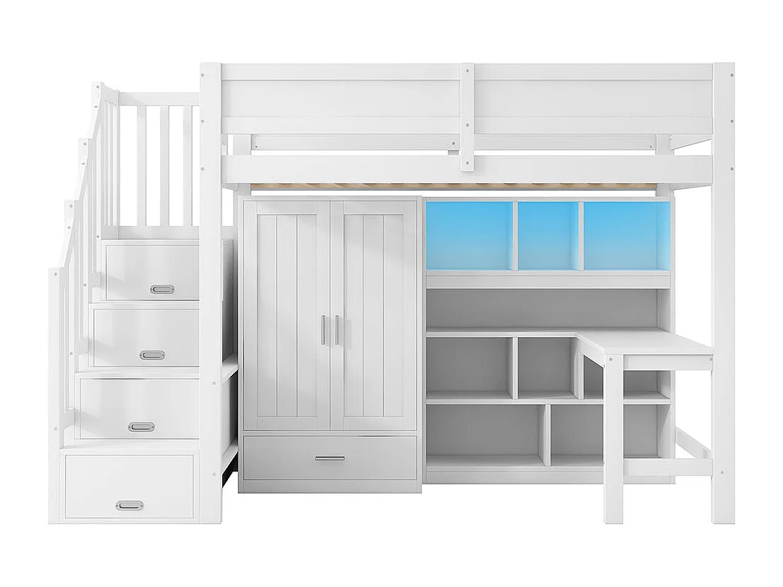 Lit mezzanine 90 x 200 cm, avec bureau et étagères, armoire, espace de rangement, escalier et éclairage LED, blanc