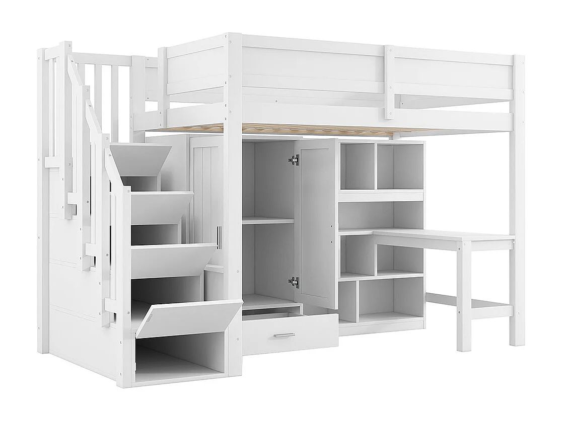 Lit mezzanine 90 x 200 cm, avec bureau et étagères, armoire, espace de rangement, escalier et éclairage LED, blanc