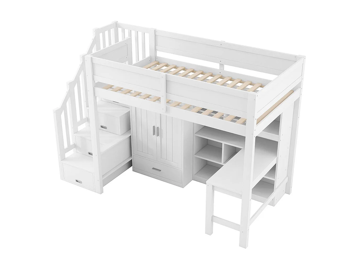 Lit mezzanine 90 x 200 cm, avec bureau et étagères, armoire, espace de rangement, escalier et éclairage LED, blanc
