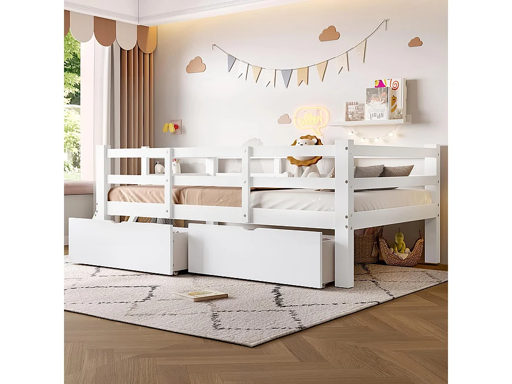 Platformbed 90 x 200 cm, met veiligheidshekken en twee lades, van hout, wit