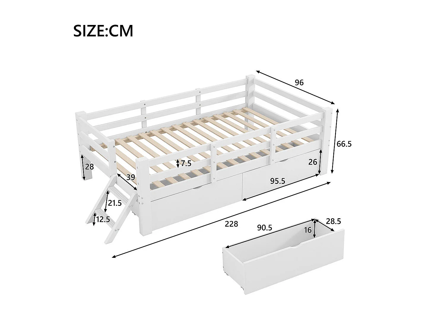 Platformbed 90 x 200 cm, met veiligheidshekken en twee lades, van hout, wit