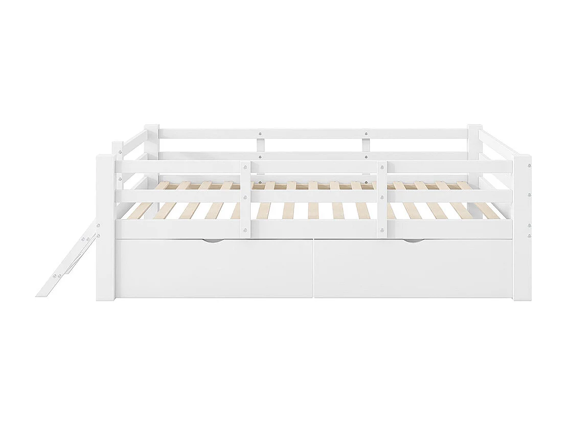 Platformbed 90 x 200 cm, met veiligheidshekken en twee lades, van hout, wit