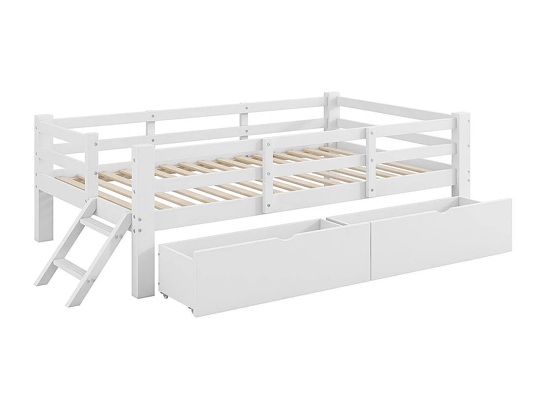 Platformbed 90 x 200 cm, met veiligheidshekken en twee lades, van hout, wit