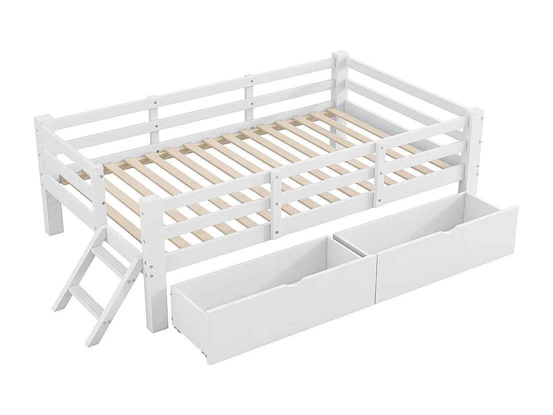 Platformbed 90 x 200 cm, met veiligheidshekken en twee lades, van hout, wit