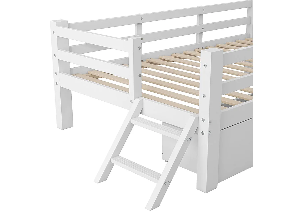 Platformbed 90 x 200 cm, met veiligheidshekken en twee lades, van hout, wit