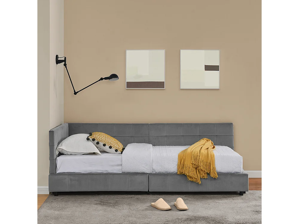 Cama de solteiro 90 × 200 cm, design em veludo suave para a pele, encosto alto, cinza (colchão não incluído)