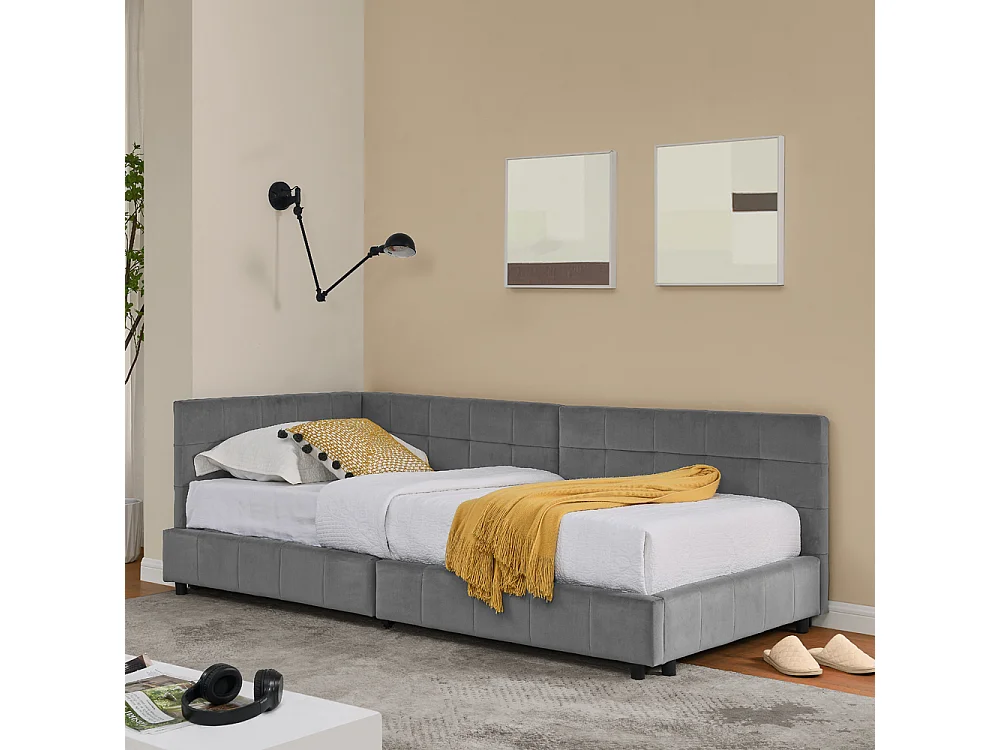 Cama de solteiro 90 × 200 cm, design em veludo suave para a pele, encosto alto, cinza (colchão não incluído)