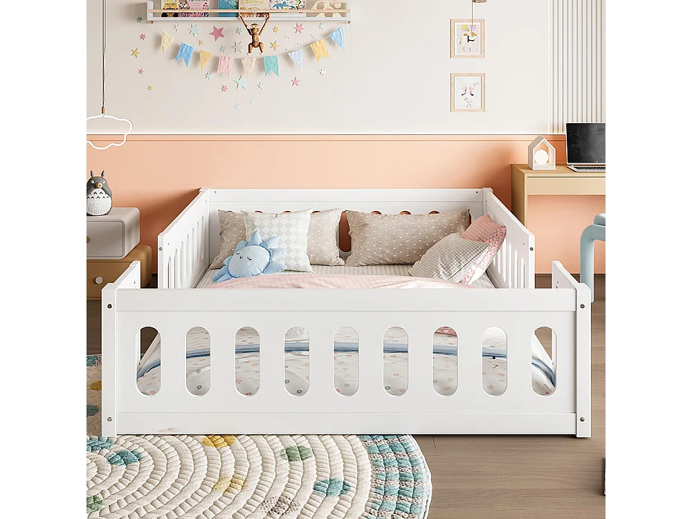 Lit plateforme 140 x 200 cm, avec barrières de sécurité, en bois, blanc