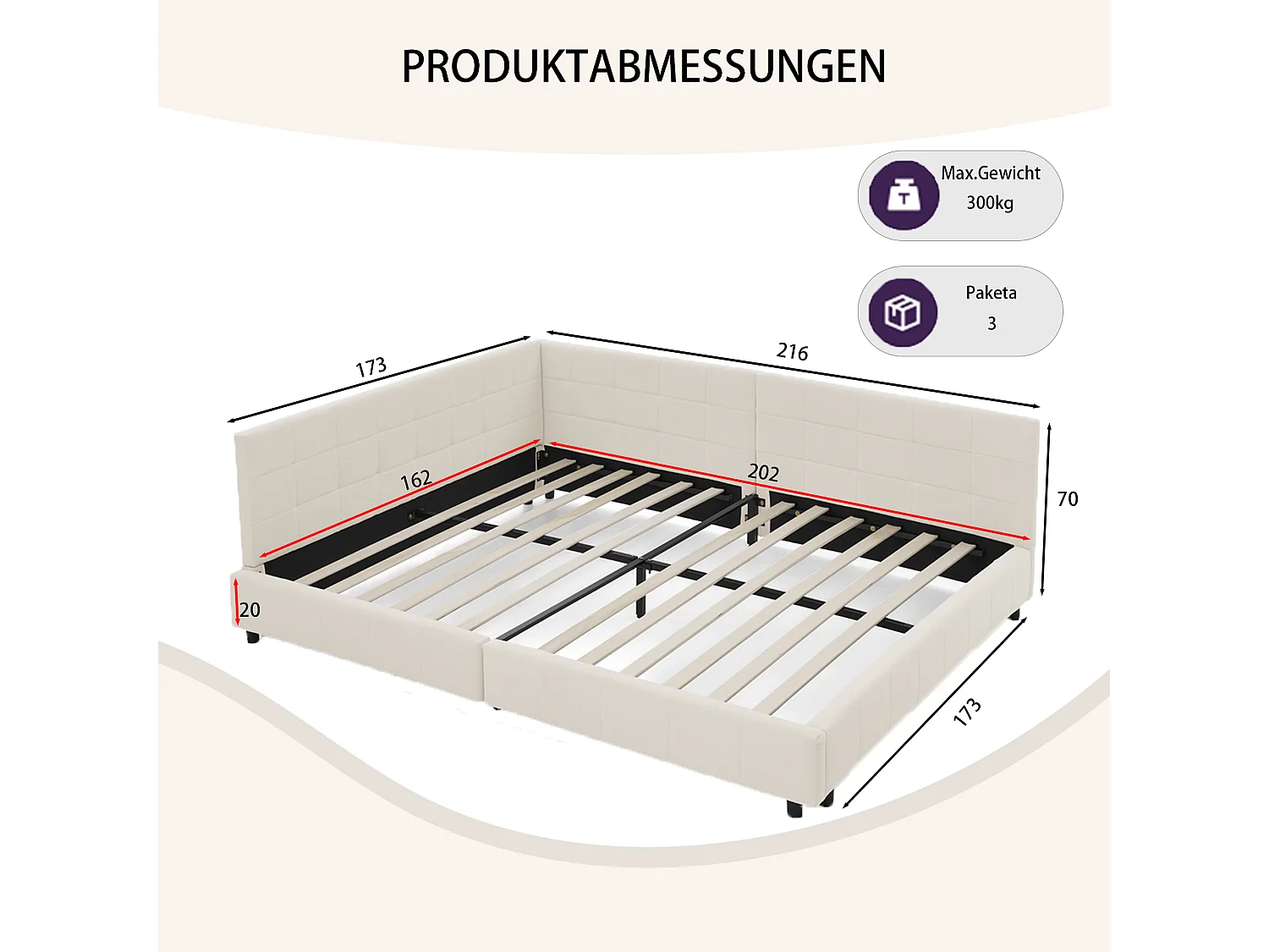 Cama de casal 160 × 200 cm, design em veludo suave para a pele, encosto alto, bege (colchão não incluído)