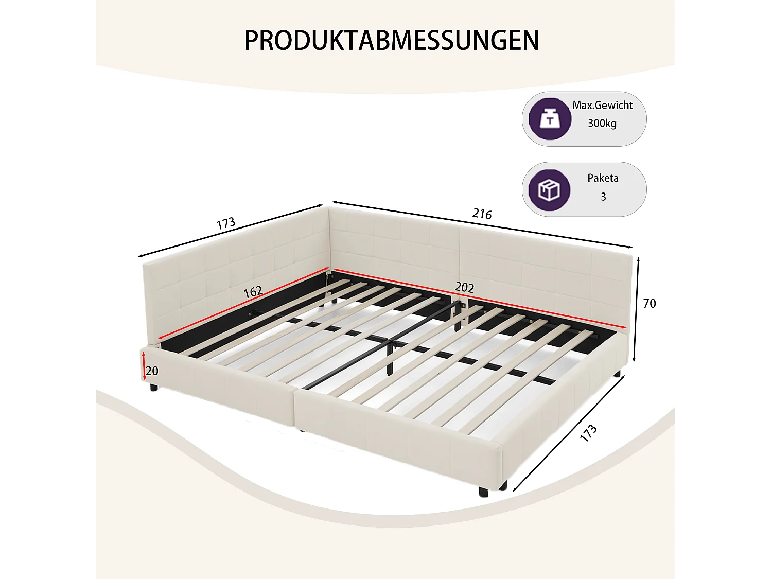 Lit double 160 × 200 cm, design en velours doux pour la peau, dossier haut, beige (matelas non inclus)
