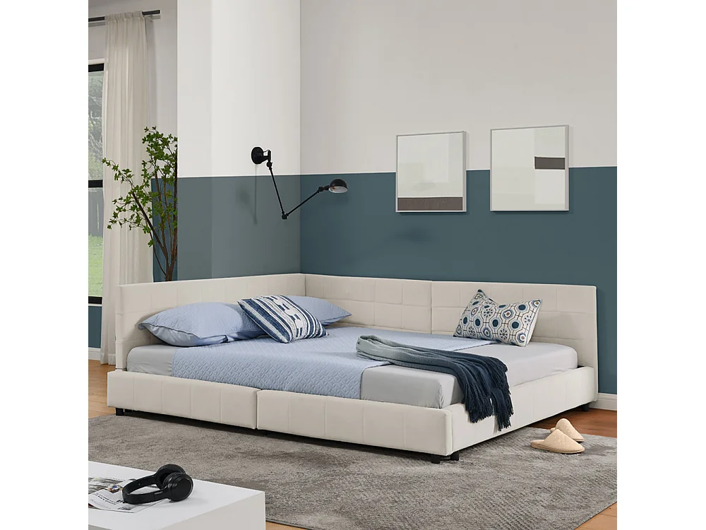 Cama de casal 140 × 200 cm, design em veludo suave para a pele, encosto alto, bege (colchão não incluído)