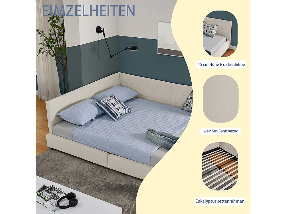 Cama de casal 140 × 200 cm, design em veludo suave para a pele, encosto alto, bege (colchão não incluído)