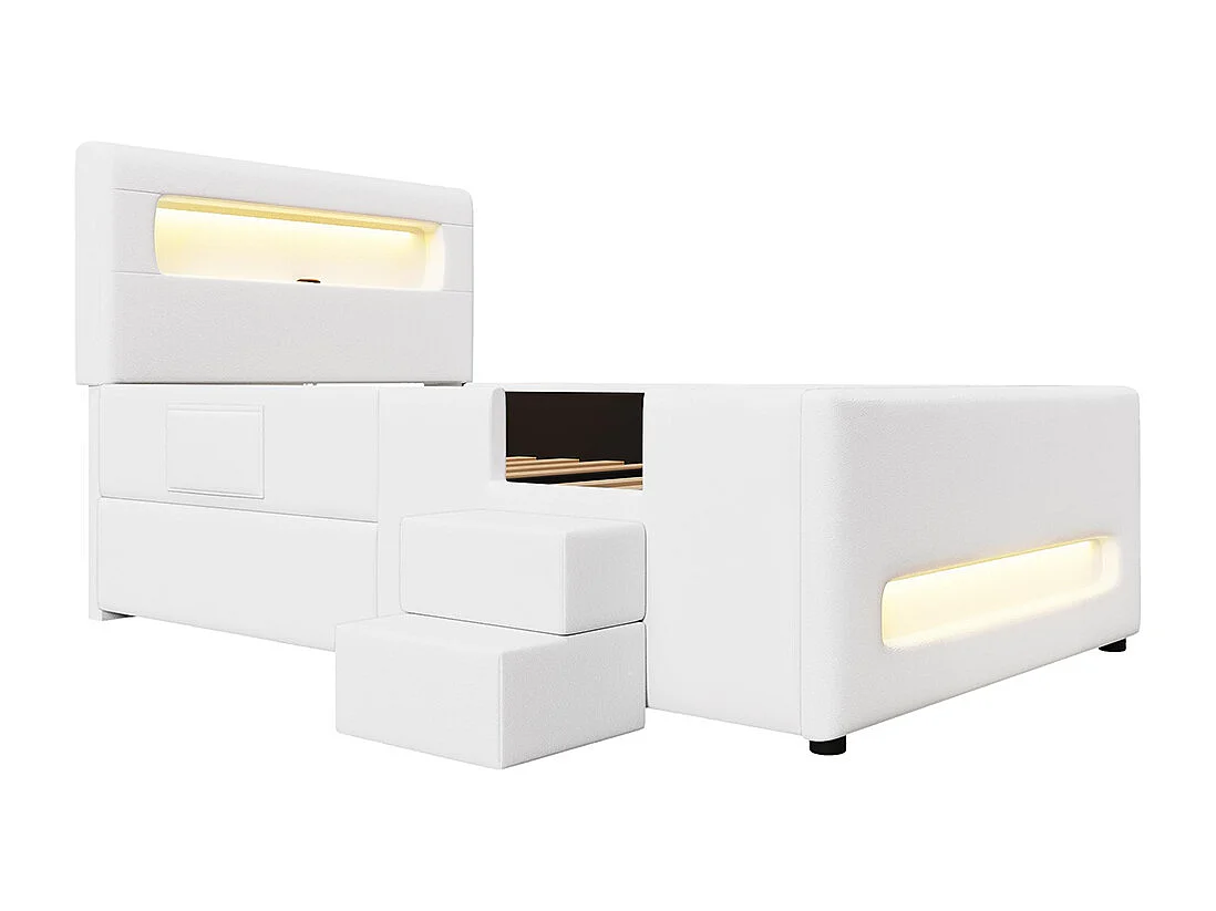 Lit plateforme rembourré, 90 x 200 cm, avec marches, tiroirs, bande lumineuse LED et sac de rangement, blanc