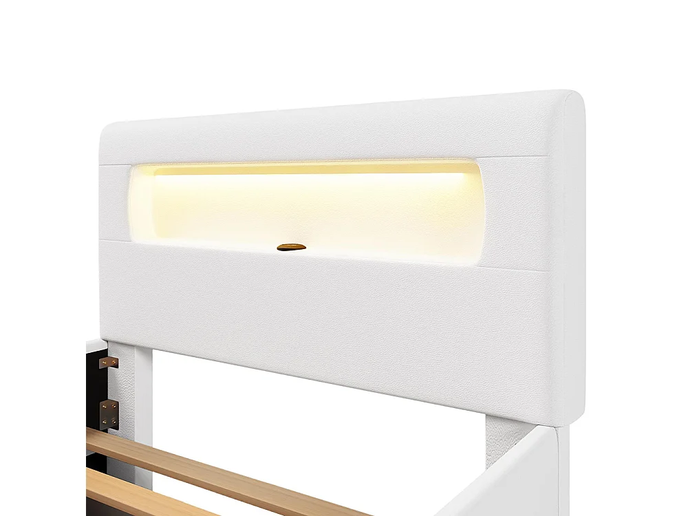 Lit plateforme rembourré, 90 x 200 cm, avec marches, tiroirs, bande lumineuse LED et sac de rangement, blanc