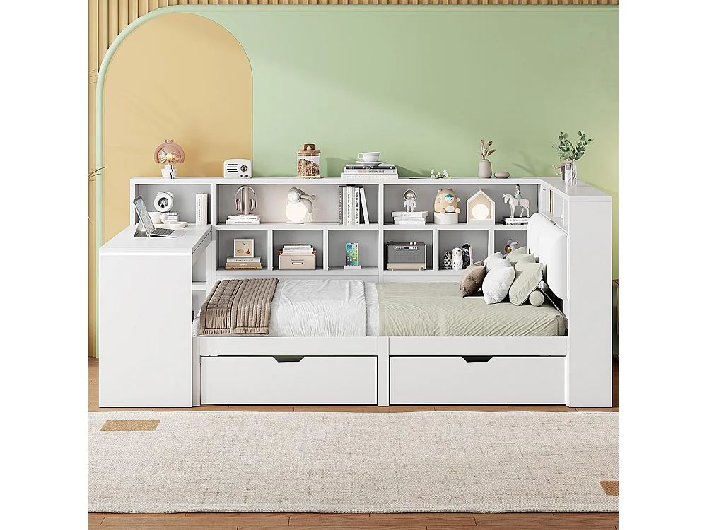 Lit plateforme 140 x 200 cm, avec bureau et étagère, tiroirs sous le lit, en bois, éclairage LED blanc