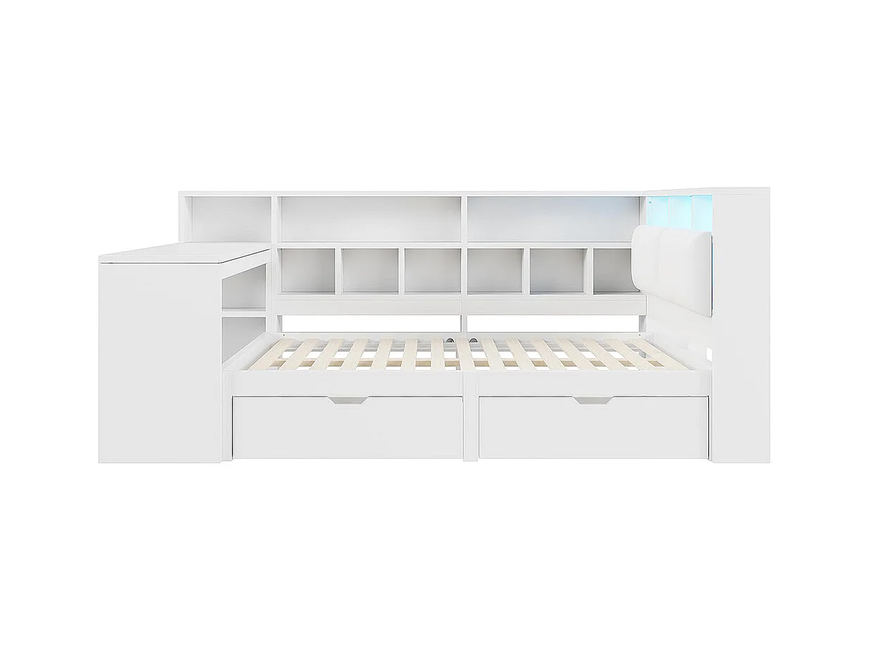 Lit plateforme 140 x 200 cm, avec bureau et étagère, tiroirs sous le lit, en bois, éclairage LED blanc