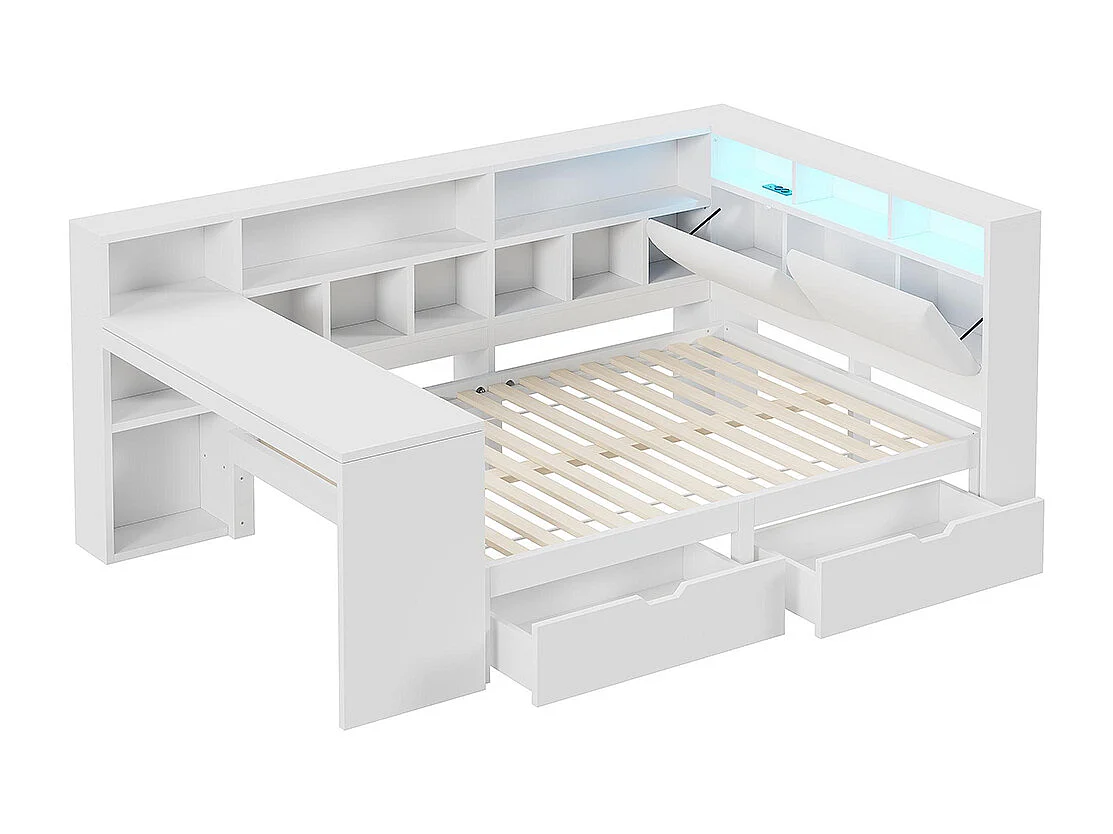 Lit plateforme 140 x 200 cm, avec bureau et étagère, tiroirs sous le lit, en bois, éclairage LED blanc