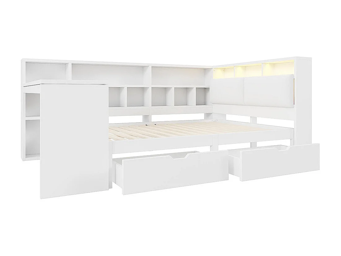 Lit plateforme 140 x 200 cm, avec bureau et étagère, tiroirs sous le lit, en bois, éclairage LED blanc