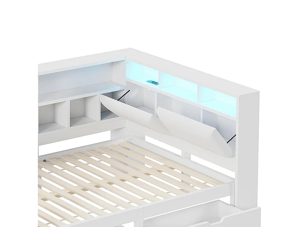 Lit plateforme 140 x 200 cm, avec bureau et étagère, tiroirs sous le lit, en bois, éclairage LED blanc