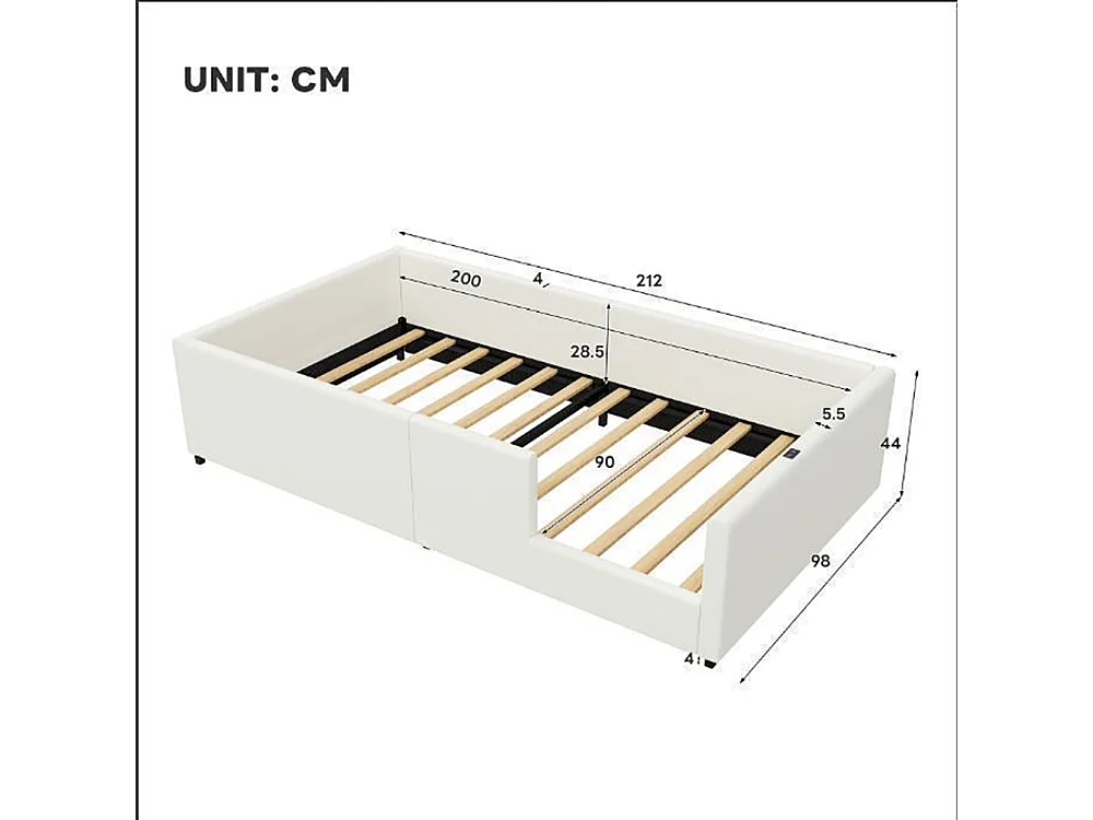 Lit plateforme rembourré 90 x 200 cm avec barrières de sécurité et station de recharge, blanc