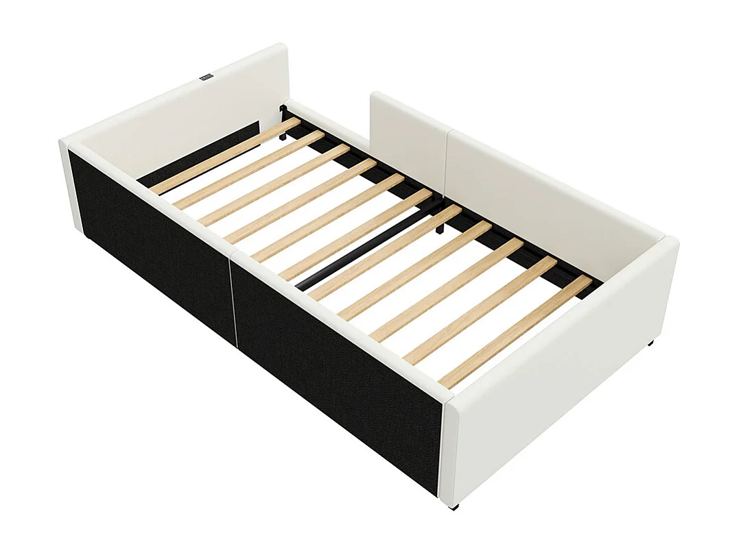 Lit plateforme rembourré 90 x 200 cm avec barrières de sécurité et station de recharge, blanc